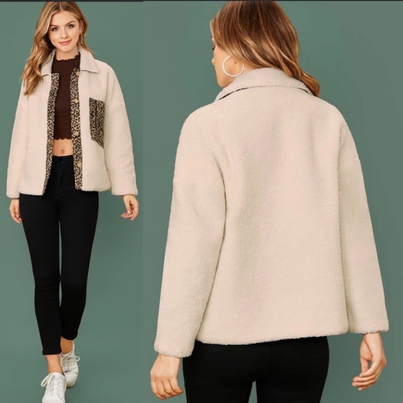 Shein- Teddy Leopard Faux Sherpa Button Up Jacket - Picture 2 of 15